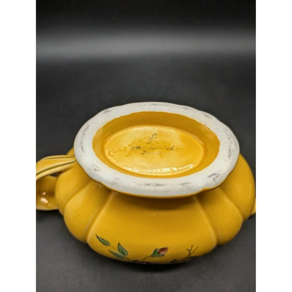 Vintage Longchamp Hand Painted France Yellow Floral Gravy Boat Pedestal 7